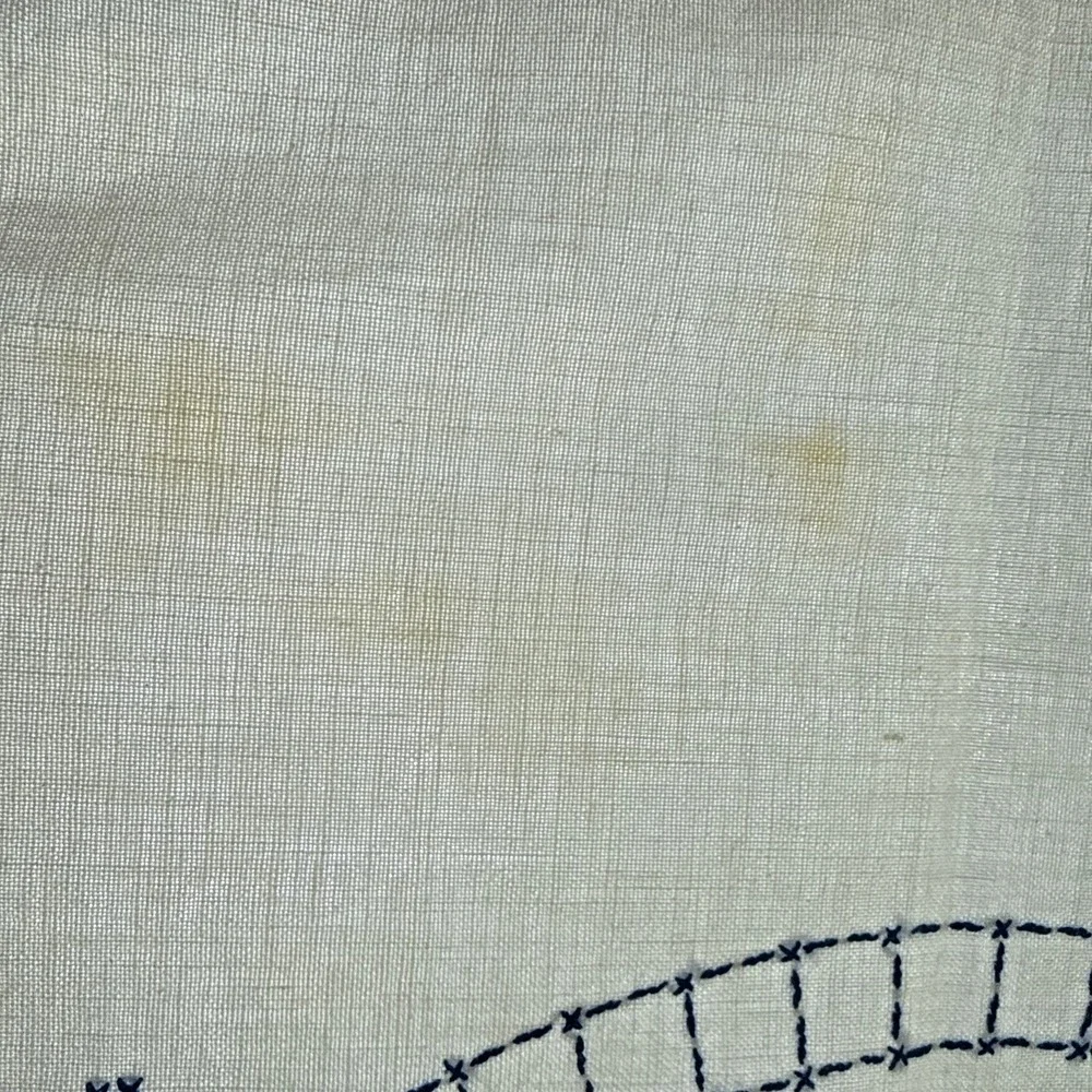Vtg Cross Stitch Tablecloth Cotton Embroidery Blue White Basket Floral Stains
